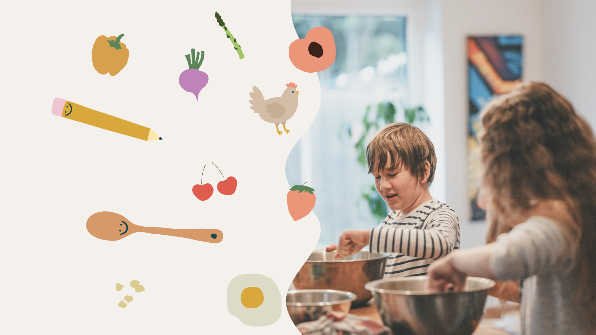 Visuel présentant des enfants qui cuisinent et des dessins d'aliments