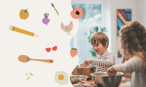 Visuel présentant des enfants qui cuisinent et des dessins d'aliments